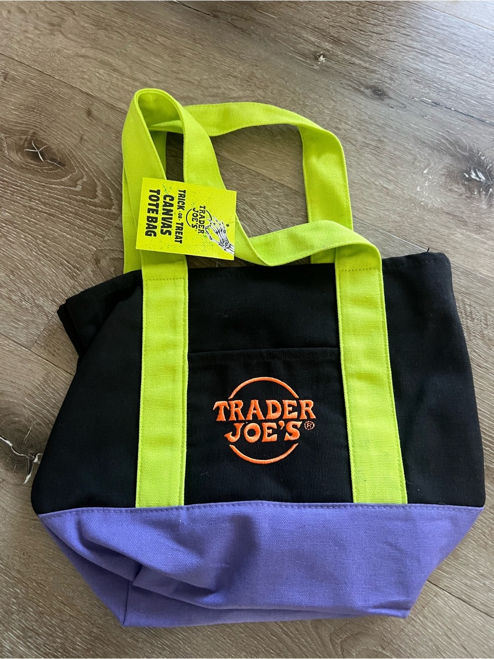 Trader Joe's Black & Purple Canvas Tote with Neon Green Handles